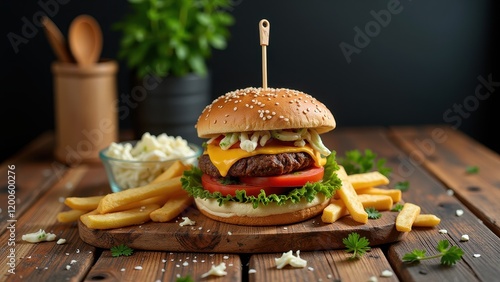 Savory cheeseburger on a rustic wooden cutting board. White, fluffy sesame seed bun topped with melted cheese, secured by a charming toothpick. Perfect bite in focus photo