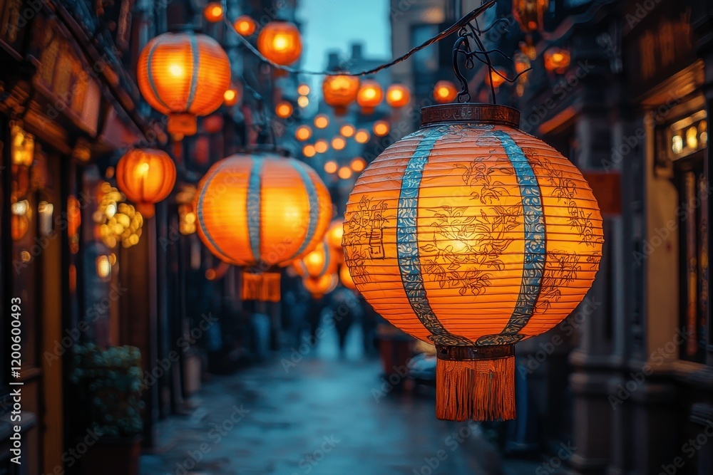 Obraz premium Vibrant Asian Lanterns Illuminating Historic Street During Dusk, Creating a Warm Ambience in an Enchanting Urban Setting