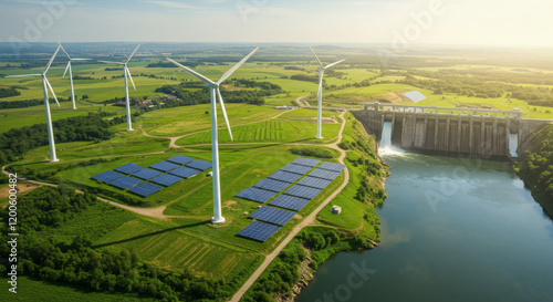 Green Energy Wind Turbines Solar Panels Dam Aerial View photo