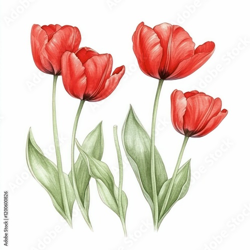 hand-painted vibrant tulips in watercolor, showcasing colorful blooms with lush greenery, evoking springtime beauty and artistic elegance in nature. photo