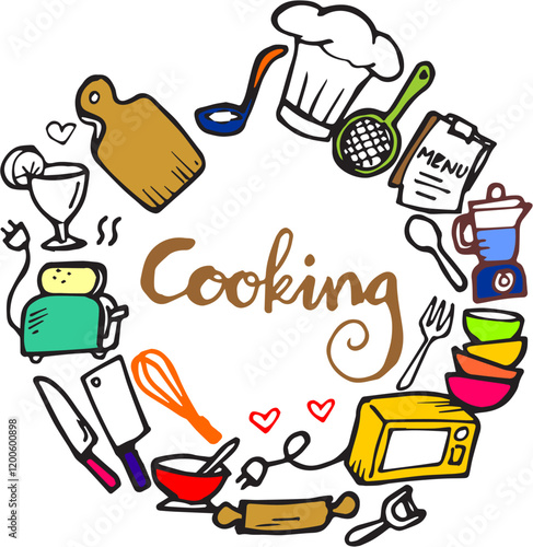 hand drawn doodle cooking icon set isolated on white background
