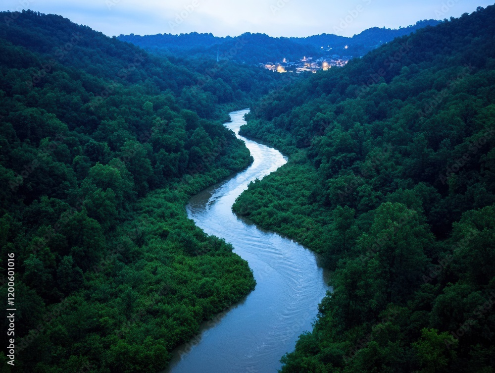 Tranquil Twilight Scene: River Through Dense Forests Near Isolated City Tranquil Twilight Scene: River Through Dense Forests Near Isolated City