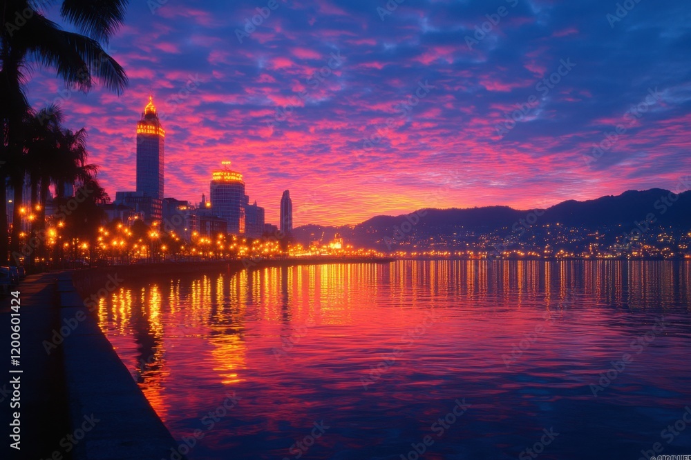 Fototapeta premium Serene Twilight in a Fjord City - Tranquil Urban Landscape with Vibrant Sky Reflections