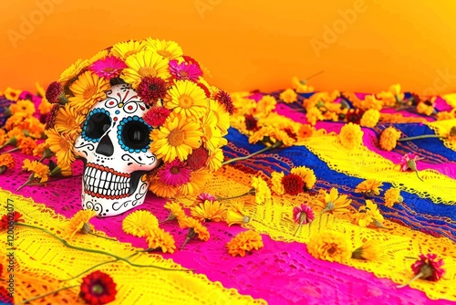 Mexican Day of the Dead Celebration: Vibrant Marigold Flowers and Skull Calaverita on Bright Pink and Yellow Background with Copy Space photo