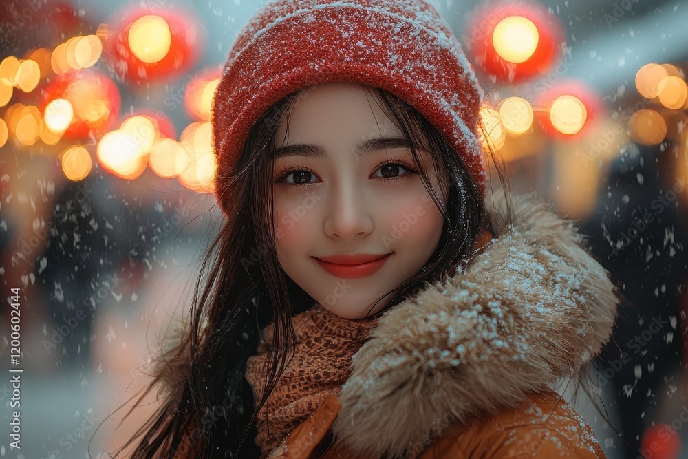 Smiling young woman wearing a cozy red hat and warm jacket surrounded by falling snowflakes in a festive atmosphere with glowing lights in the background Smiling young woman wearing a cozy red hat and warm jacket surrounded by falling snowflakes in a festive atmosphere with glowing lights in the background