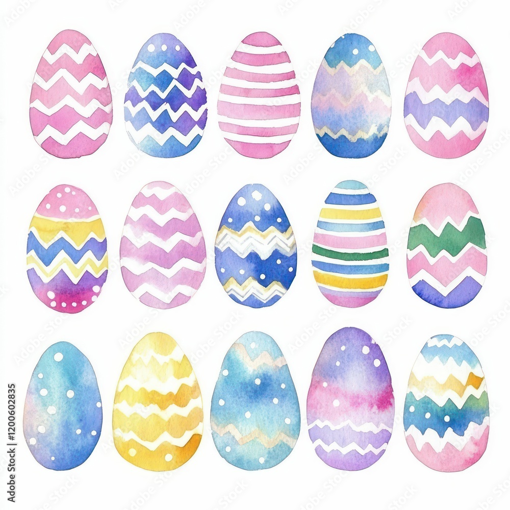 A watercolor Easter eggs in various pastel shades and patterns, beautifully displayed on a white background A watercolor Easter eggs in various pastel shades and patterns, beautifully displayed on a white background
