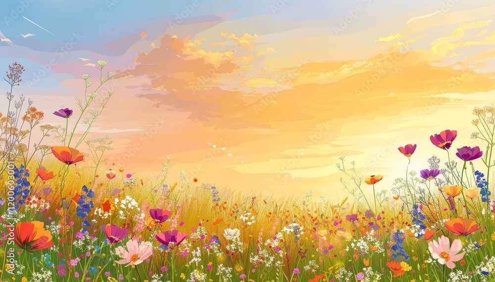 Fototapeta premium Colorful wildflowers in a field at sunset.