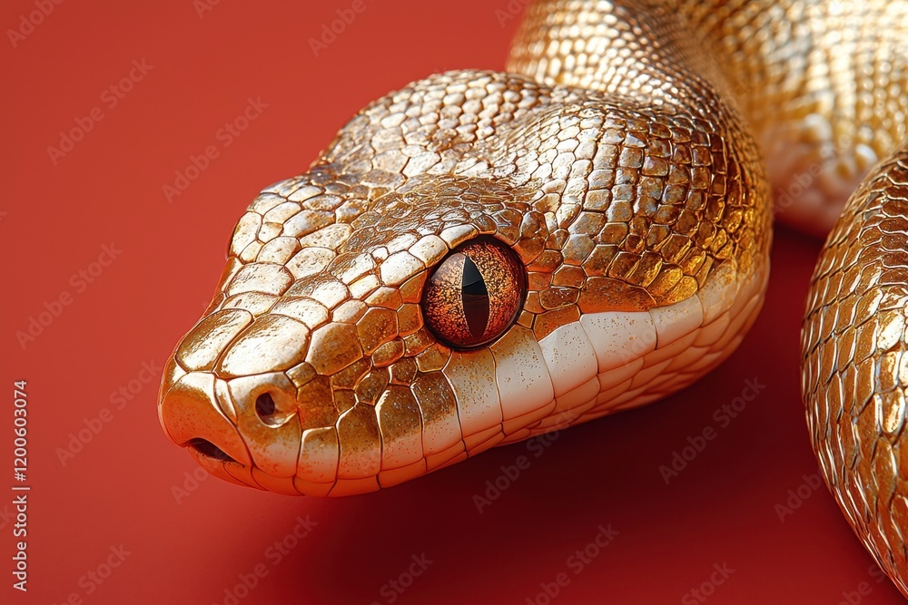 Lifelike Golden Snake Model with Intricate Scales and Glimmering Surface Set Against Red Background, Ideal for Nature and Wildlife Themed Visuals or Education Materials Lifelike Golden Snake Model with Intricate Scales and Glimmering Surface Set Against Red Background, Ideal for Nature and Wildlife Themed Visuals or Education Materials