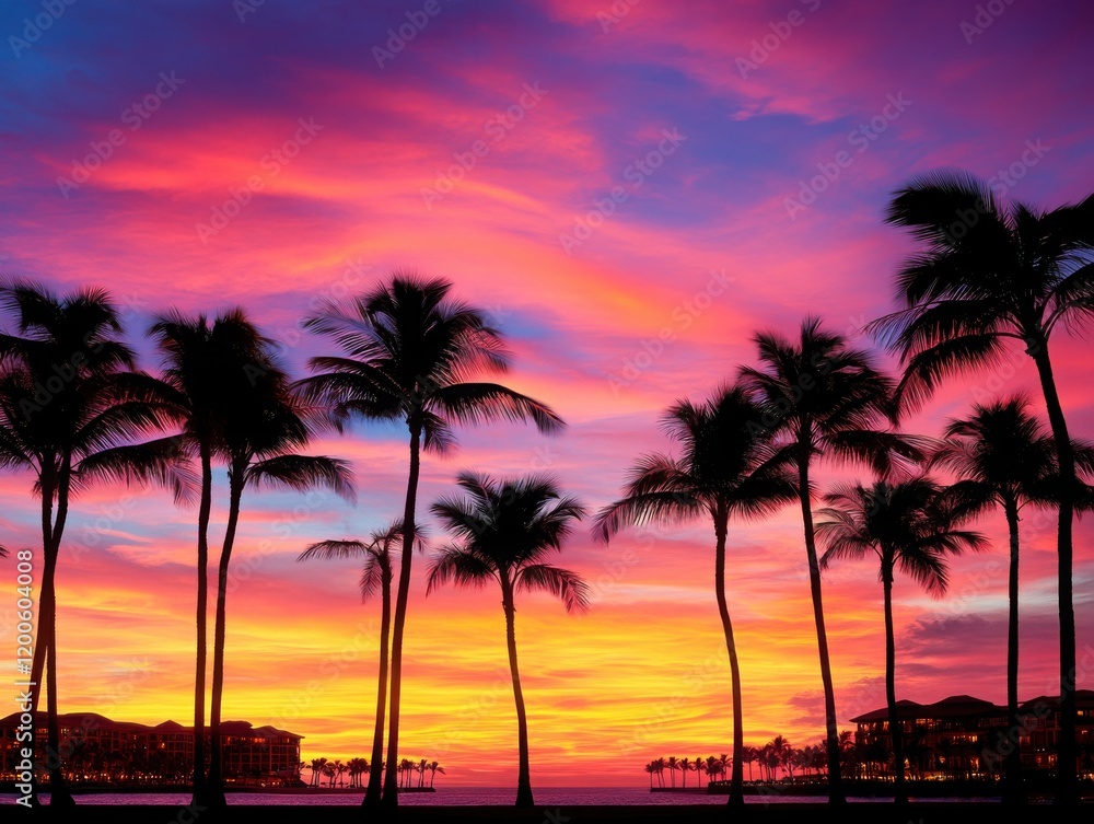 Serene Twilight in a Tropical City - Palm Trees, Cityscape, Evening Breeze, Urban Oasis, Dusk Setting, Tranquil Sunset, Palm Silhouette, Tropical Skyline Serene Twilight in a Tropical City - Palm Trees, Cityscape, Evening Breeze, Urban Oasis, Dusk Setting, Tranquil Sunset, Palm Silhouette, Tropical Skyline