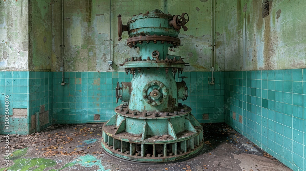 Rusty Relic: An Abandoned Industrial Machine in a Turquoise-Tiled Room Rusty Relic: An Abandoned Industrial Machine in a Turquoise-Tiled Room