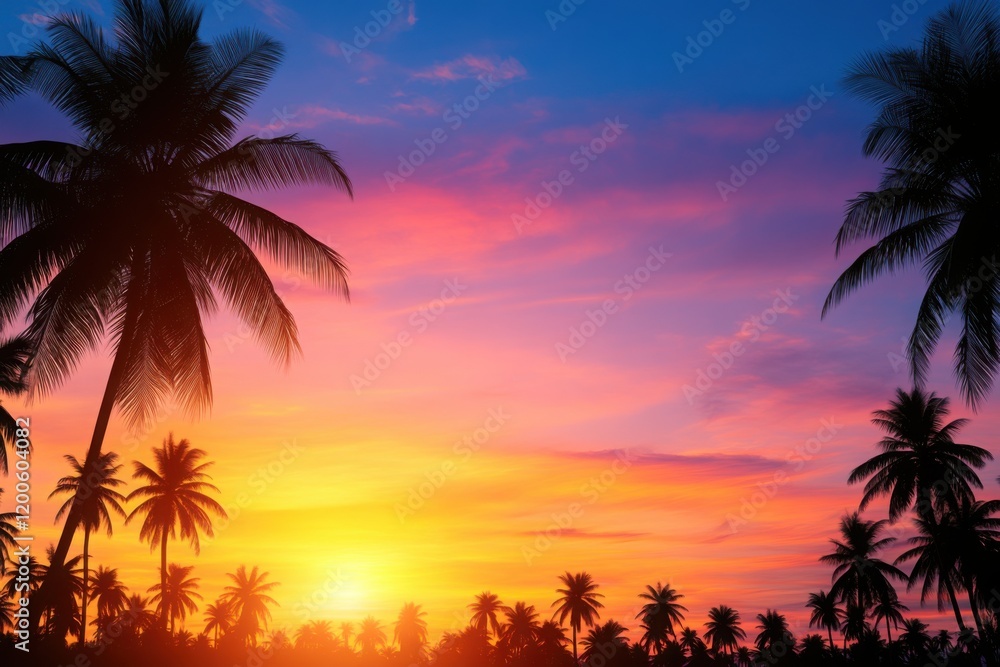 Serene Desert Oasis City at Twilight with Silhouetted Palm Trees and Colorful Evening Sky Serene Desert Oasis City at Twilight with Silhouetted Palm Trees and Colorful Evening Sky
