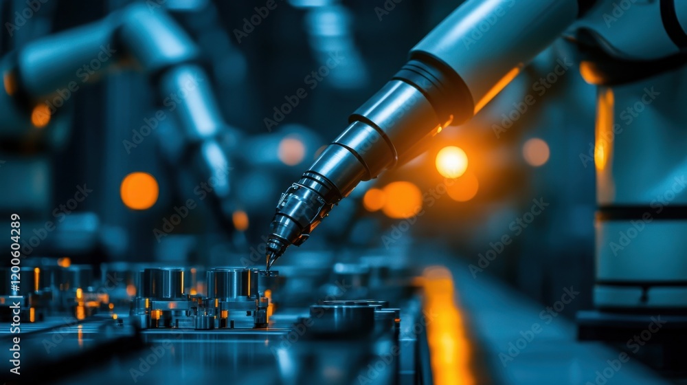 Fototapeta premium Precision in Motion: Industrial Robotic Arms Assembling Metal Components on Production Line under Soft Industrial Lighting