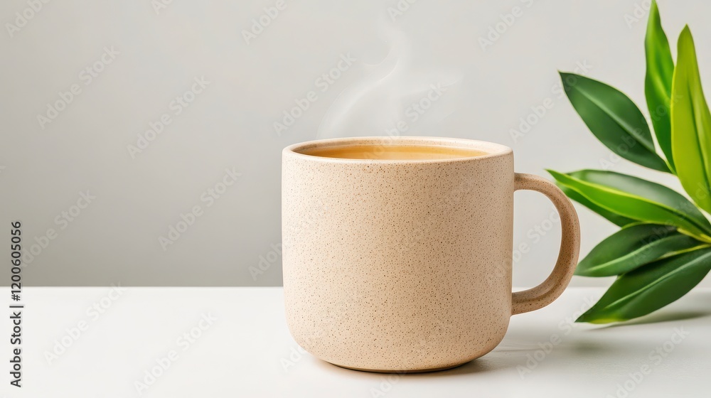 Warm Coffee Mug with Steam and Green Leaf on Minimalist Table Warm Coffee Mug with Steam and Green Leaf on Minimalist Table