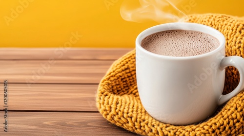 Steaming Hot Coffee in White Mug on Cozy Knitted Blanket photo