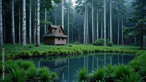 A cozy, wooden cabin nestles in a lush forest clearing, featuring a sloped roof adorned with dark gray shingles. Surrounding trees add to the serene ambiance photo