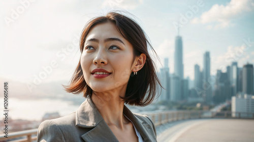 Free Download Asian businesswoman smiling with confident expression, standing and looking away on street with blurred city skyline in the background during sunny day. CEO projecting bright future, ambition concept - GFXLoad