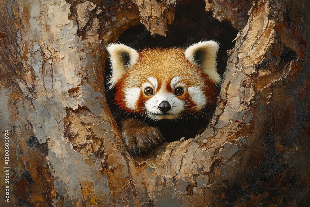 Obraz premium Adorable red panda peering from heart-shaped tree hole. Perfect for wildlife, nature, and animal lover themes.