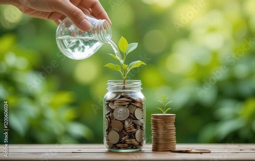 Image of a person's hand watering plants with gold coins as a symbol of financial growth. photo