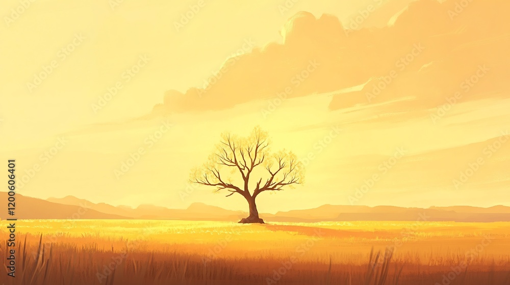 Golden hour landscape, solitary tree in a vast field under a pale yellow sky. Golden hour landscape, solitary tree in a vast field under a pale yellow sky.