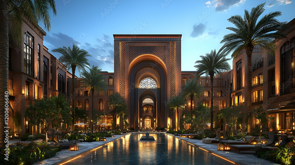 Obraz premium Moroccan resort courtyard sunset luxury