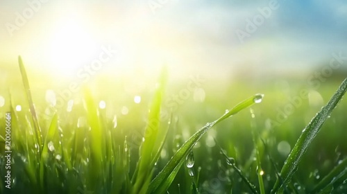 Dew drops on vibrant green grass at sunrise.