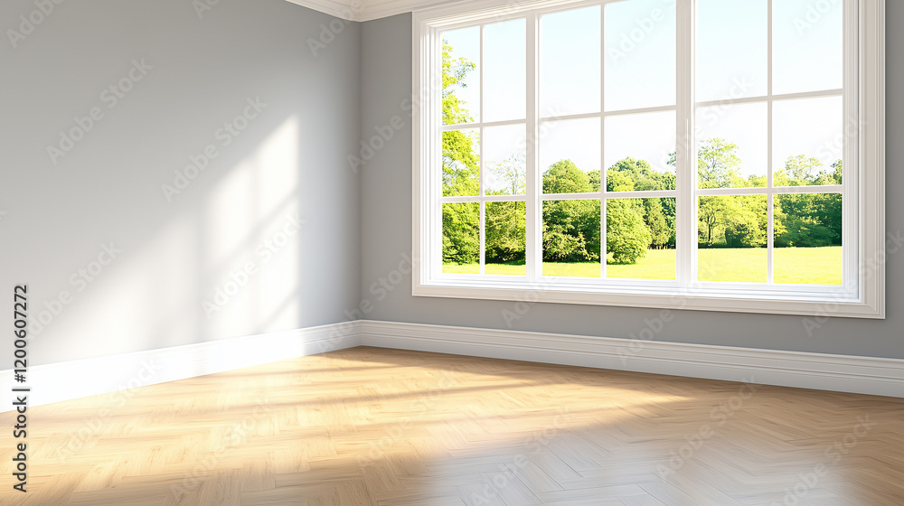 Fototapeta premium Bright Empty Room with Large Window and Green View