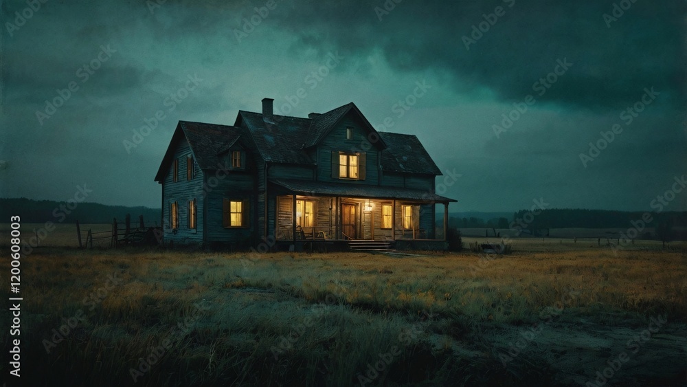 Lonely Farmhouse Under a Stormy Night Sky Lonely Farmhouse Under a Stormy Night Sky