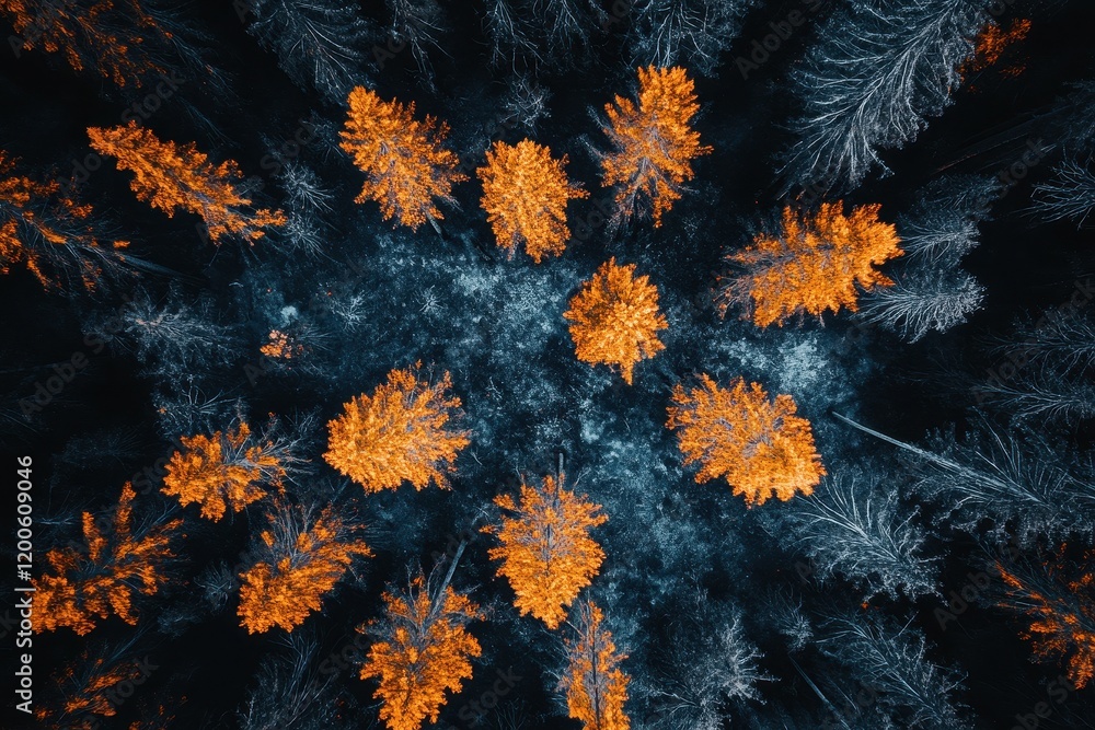 Aerial view of orange and blue forest trees. Ideal for nature, autumn, or environmental themes. Aerial view of orange and blue forest trees. Ideal for nature, autumn, or environmental themes.