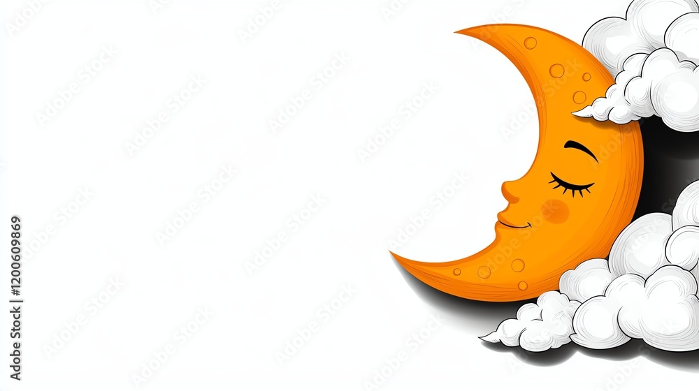 Obraz premium A cheerful, cartoonish moon with a smiling face peeks out from fluffy clouds against a light background.