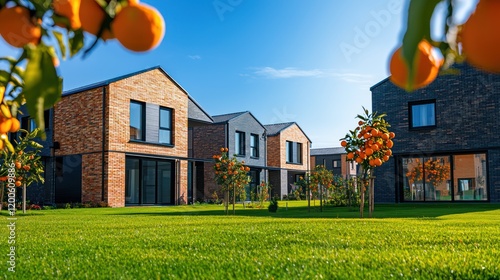 Modern brick and cladding houses in a new estate, framed by green grassy lawns and orange trees in full bloom photo