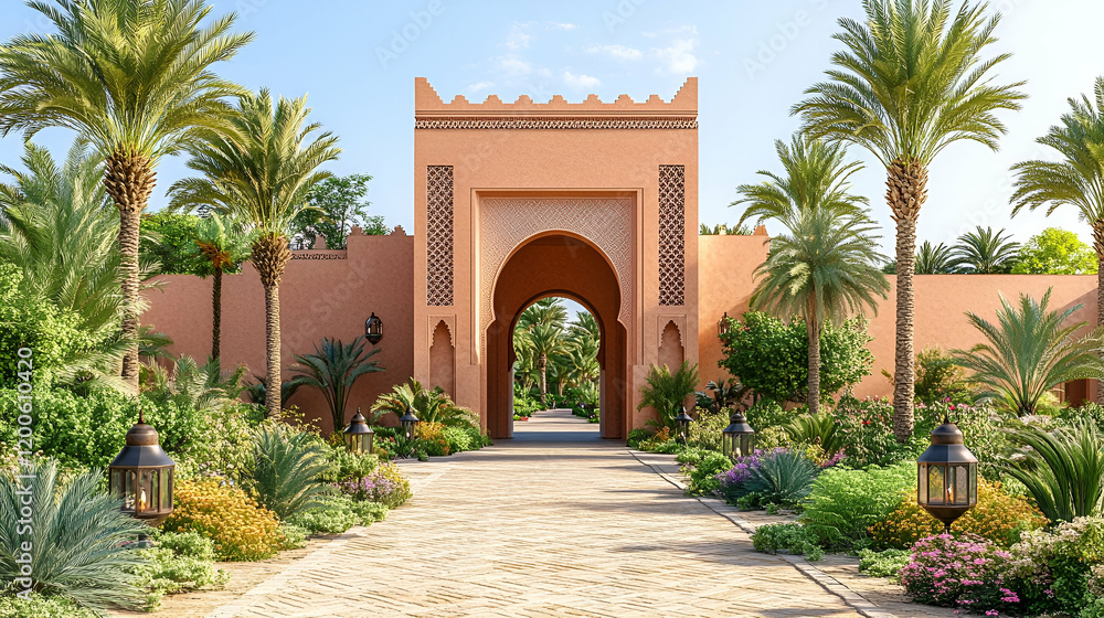 Obraz premium Moroccan oasis archway entrance garden