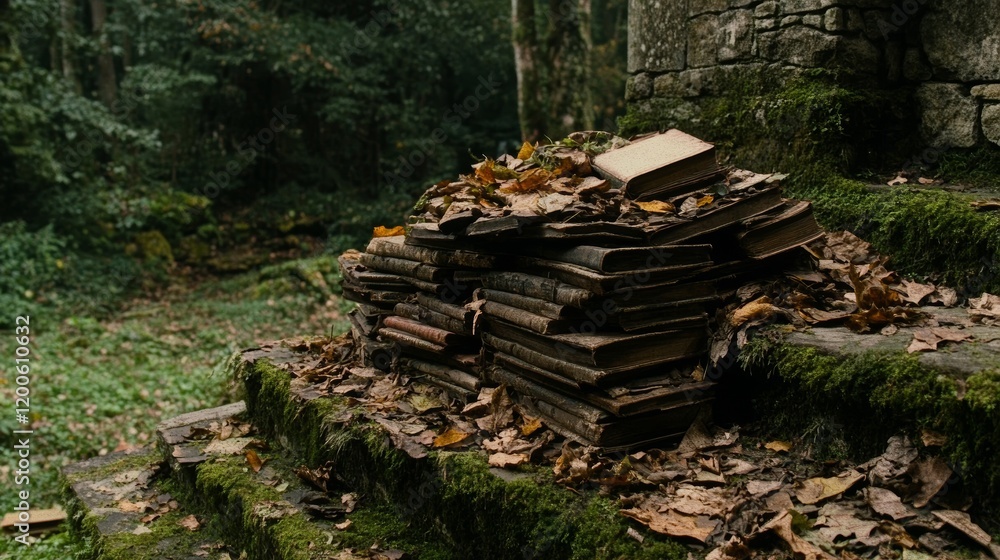 Abandoned Books Stacked in Autumn Forest Setting Abandoned Books Stacked in Autumn Forest Setting