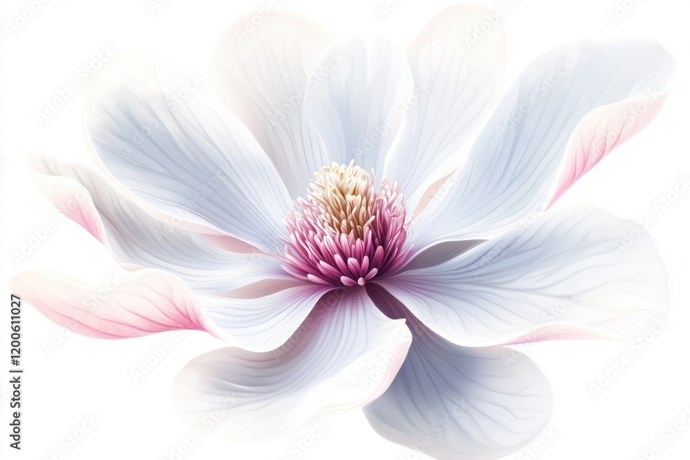 Fototapeta premium Elegant pale magnolia blossom, studio shot, white background, floral design.