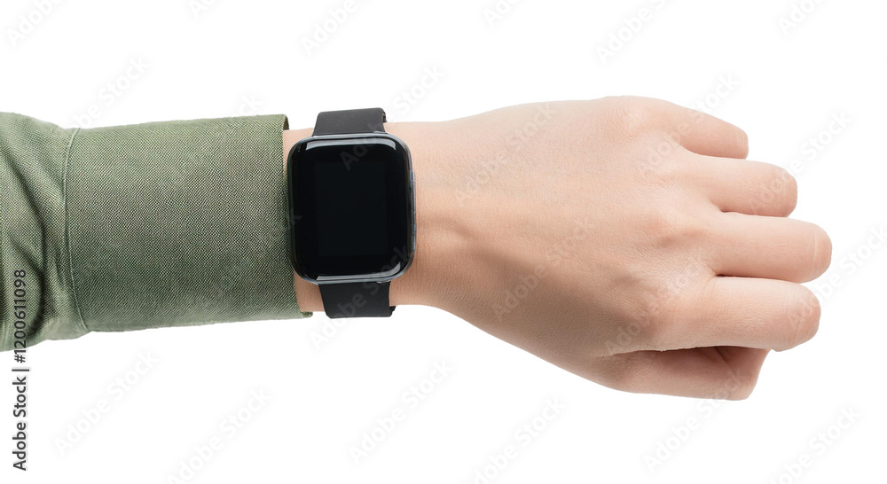 top view of hand in green shirt wearing black smartwatch isolated on white background top view of hand in green shirt wearing black smartwatch isolated on white background