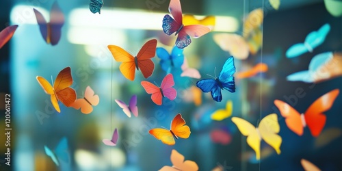 Colorful butterflies in motion indoor exhibit conceptual art display vibrant atmosphere close-up viewpoint nature concept photo