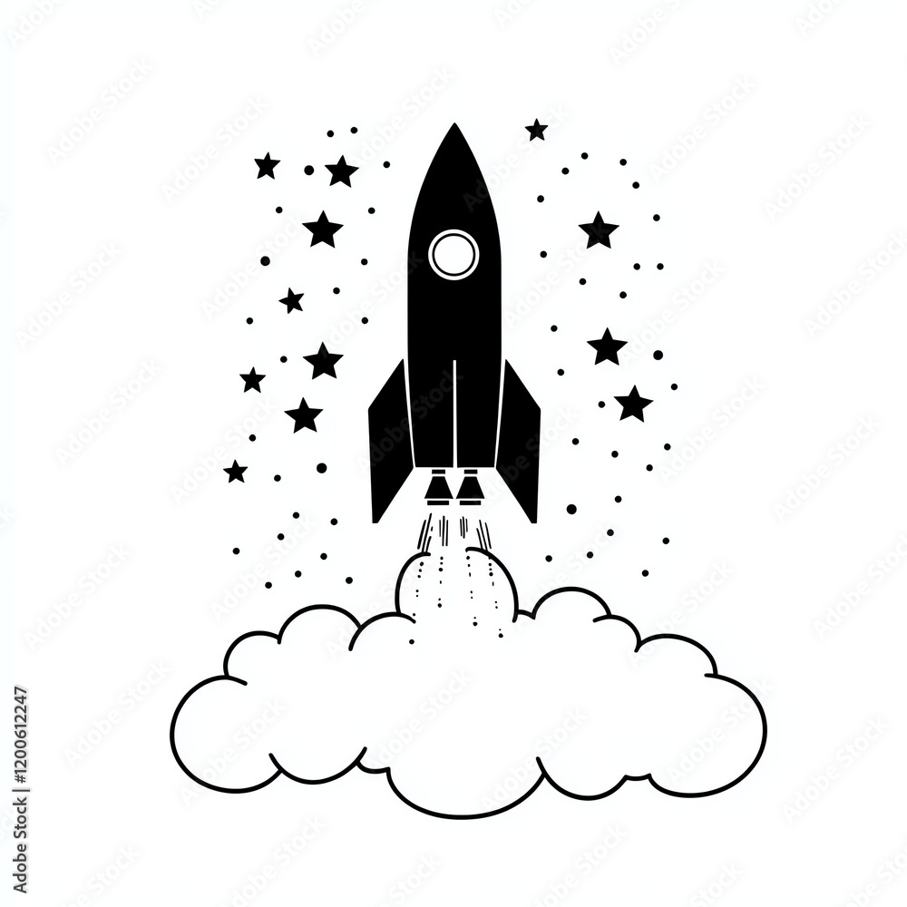 A stylized rocket launches through clouds and stars, symbolizing exploration, adventure, and the excitement of outer space. A stylized rocket launches through clouds and stars, symbolizing exploration, adventure, and the excitement of outer space.