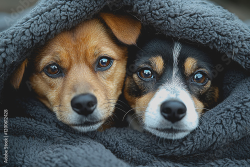 Two adorable dogs snuggled together under a cozy blanket relaxing in a warm home environment perfect for pets and comfort lovers enjoying their time together in peace and harmony
