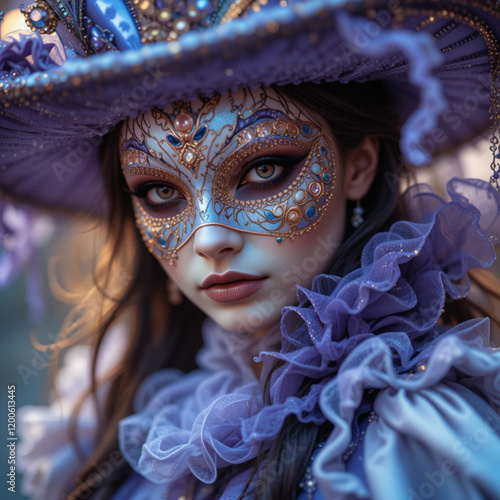 Close-up de una mujer elegante en carnaval, usando una máscara con pedrería, vestido morado y blanco, y un gorro de ala ancha que añade dramatismo y misterio photo