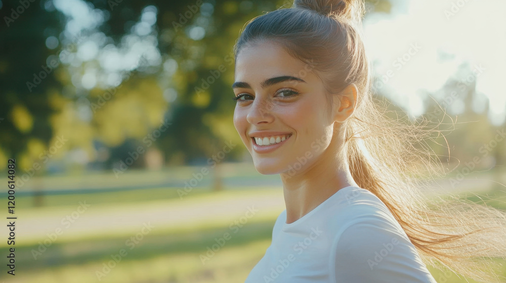 joyful woman is jogging outdoors, smiling in sunlight, showcasing her healthy lifestyle and happiness. vibrant green park enhances cheerful atmosphere