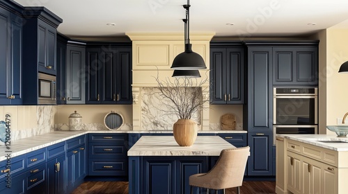 Navy blue kitchen cabinets with veined marble countertops and sleek black pendant lights