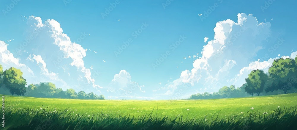 Sunny meadow, blue sky, trees, game background Sunny meadow, blue sky, trees, game background