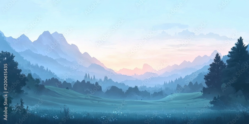 Obraz premium Serene Sunrise Over Misty Mountain Valley Landscape