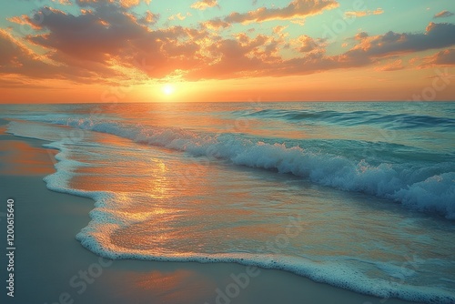 Tranquil Beach Sunset with Gentle Waves and Soft Sand photo