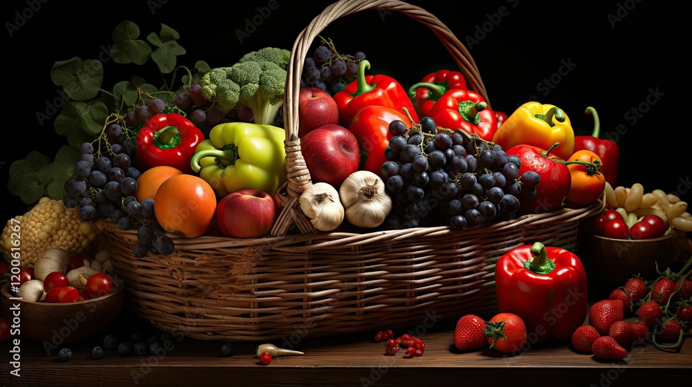 A bountiful basket overflowing with fresh fruits and vegetables on a wooden table A bountiful basket overflowing with fresh fruits and vegetables on a wooden table