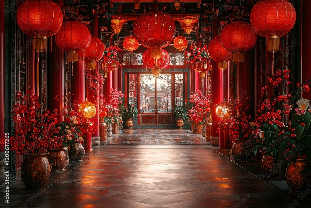 custom made wallpaper toronto digitalLush Red Lanterns Illuminate a Serene Traditional Hallway Decorated with Blossoming Flowers and Elegant Vases in an Asian-Inspired Architecture Setting