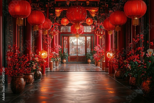 Lush Red Lanterns Illuminate a Serene Traditional Hallway Decorated with Blossoming Flowers and Elegant Vases in an Asian-Inspired Architecture Setting