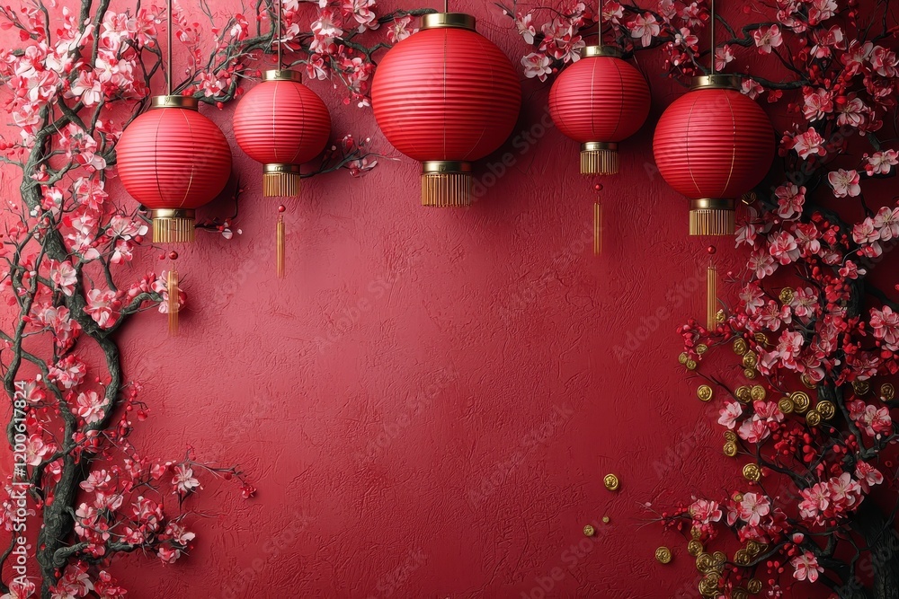 custom made wallpaper toronto digitalStunning Red Lanterns and Cherry Blossom Arrangement on a Textured Red Background Ready for Festive Celebrations and Cultural Events in Spring and Autumn