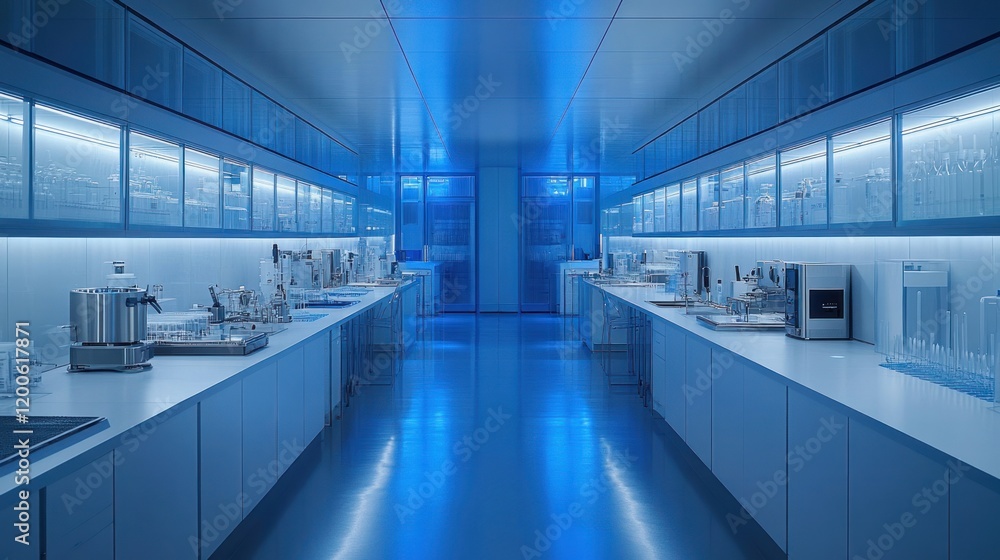 Obraz premium Modern Sterile Laboratory Interior Design: Blue Lit Corridor of Science