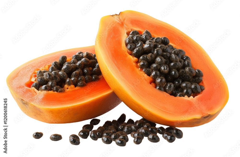 Whole and half of ripe papaya fruit with seeds on white Whole and half of ripe papaya fruit with seeds on white