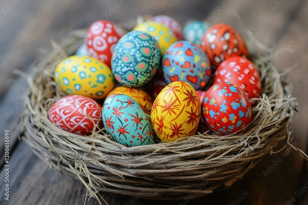 Colorful hand-painted Easter eggs in a nest. Perfect for Easter, spring, and holiday themes. Colorful hand-painted Easter eggs in a nest. Perfect for Easter, spring, and holiday themes.